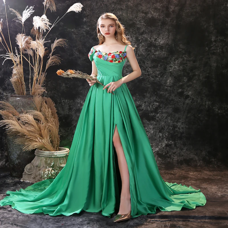 green dresses 2021 Emerald Green Velvet Bridesmaid Dress 2021 Sweetheart Maxi Dress with Slit  & Horsehair Hem main image 1