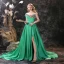 Mode Vert Satin Robe De Bal 2021 Princesse Bretelles Spaghetti Sans Manches Fleur Appliques En Dentelle Fendue devant Tribunal Train Dos Nu Robe De Ceremonie