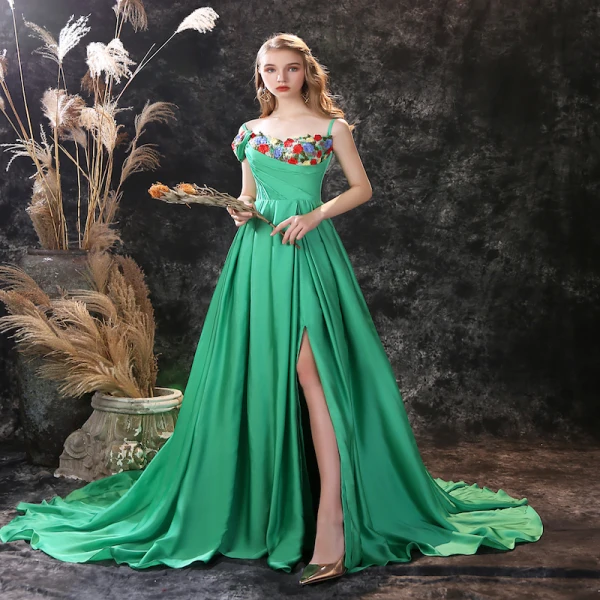 Green Floral Draped Satin Backless Prom Dress