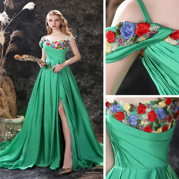 Mode Vert Satin Robe De Bal 2021 Princesse Bretelles Spaghetti Sans Manches Fleur Appliques En Dentelle Fendue devant Tribunal Train Dos Nu Robe De Ceremonie