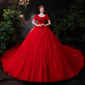 Vintage Retro Red Bridal Wedding Dresses 2021 Ball Gown Square Neckline Puffy Short Sleeve Backless Appliques Lace Beading Sequins Cathedral Train Ruffle