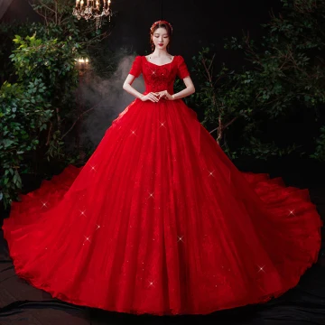 Vintage Retro Red Bridal Wedding Dresses 2021 Ball Gown Square Neckline Puffy Short Sleeve Backless Appliques Lace Beading Sequins Cathedral Train Ruffle