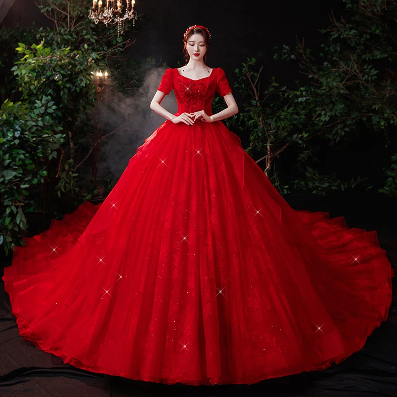 Vintage Retro Red Bridal Wedding Dresses 2021 Ball Gown Square Neckline Puffy Short Lace