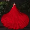 Vintage / Retro Red Bridal Wedding Dresses 2021 Ball Gown Square Neckline Puffy Short Sleeve Backless Appliques Lace Beading Sequins Cathedral Train Ruffle