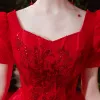 Vintage / Retro Red Bridal Wedding Dresses 2021 Ball Gown Square Neckline Puffy Short Sleeve Backless Appliques Lace Beading Sequins Cathedral Train Ruffle