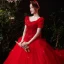 Vintage / Originale Rouge La Mariée Robe De Mariée 2021 Robe Boule Encolure Carrée Gonflée Manches Courtes Dos Nu Appliques En Dentelle Perlage Paillettes Cathedral Train Volants