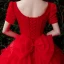 Vintage / Originale Rouge La Mariée Robe De Mariée 2021 Robe Boule Encolure Carrée Gonflée Manches Courtes Dos Nu Appliques En Dentelle Perlage Paillettes Cathedral Train Volants