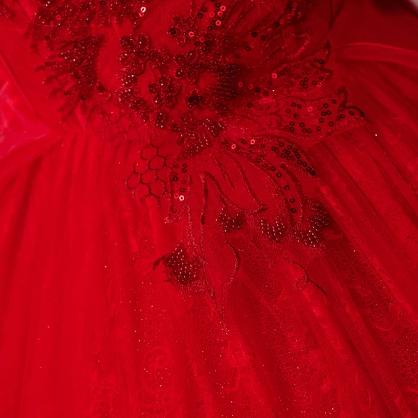 Vintage / Originale Rouge La Mariée Robe De Mariée 2021 Robe Boule Encolure Carrée Gonflée Manches Courtes Dos Nu Appliques En Dentelle Perlage Paillettes Cathedral Train Volants