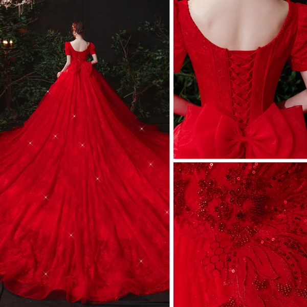 Vintage / Originale Rouge La Mariée Robe De Mariée 2021 Robe Boule Encolure Carrée Gonflée Manches Courtes Dos Nu Appliques En Dentelle Perlage Paillettes Cathedral Train Volants