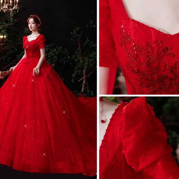Vintage / Originale Rouge La Mariée Robe De Mariée 2021 Robe Boule Encolure Carrée Gonflée Manches Courtes Dos Nu Appliques En Dentelle Perlage Paillettes Cathedral Train Volants