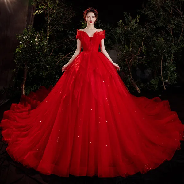 Charming Red Bridal Wedding Dresses 2021 Ball Gown Off-The-Shoulder Short Sleeve Backless Beading Glitter Tulle Cathedral Train Ruffle