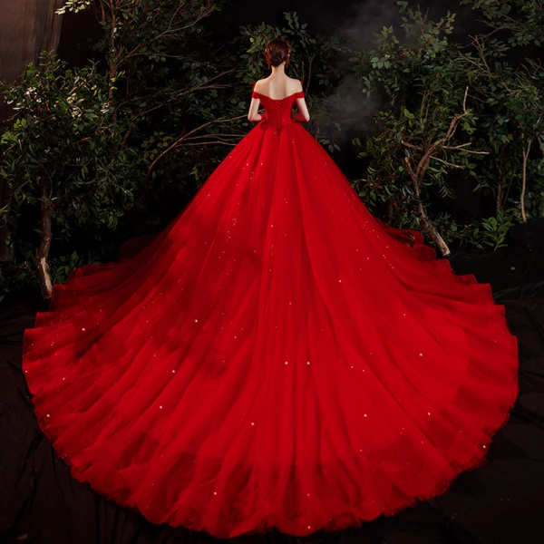 Charming Red Bridal Wedding Dresses 2021 Ball Gown Off-The-Shoulder Short Sleeve Backless Beading Glitter Tulle Cathedral Train Ruffle