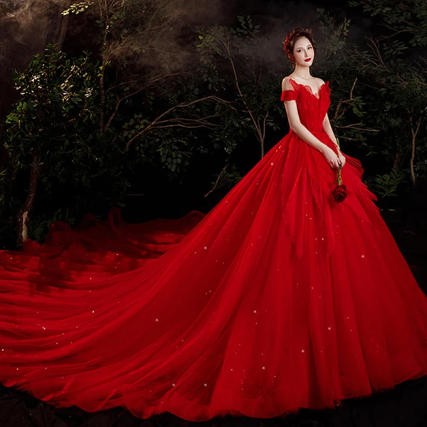 Charming Red Bridal Wedding Dresses 2021 Ball Gown Off-The-Shoulder Short Sleeve Backless Beading Glitter Tulle Cathedral Train Ruffle