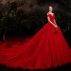 Charming Red Bridal Wedding Dresses 2021 Ball Gown Off-The-Shoulder Short Sleeve Backless Beading Glitter Tulle Cathedral Train Ruffle