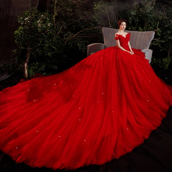 Charming Red Bridal Wedding Dresses 2021 Ball Gown Off-The-Shoulder Short Sleeve Backless Beading Glitter Tulle Cathedral Train Ruffle