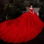 Charming Red Bridal Wedding Dresses 2021 Ball Gown Off-The-Shoulder Short Sleeve Backless Beading Glitter Tulle Cathedral Train Ruffle