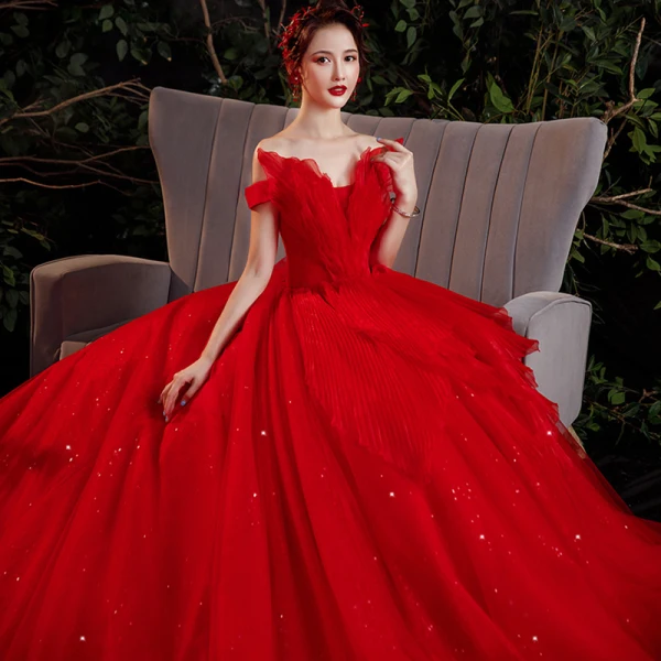 Charming Red Bridal Wedding Dresses 2021 Ball Gown Off-The-Shoulder Short Sleeve Backless Beading Glitter Tulle Cathedral Train Ruffle