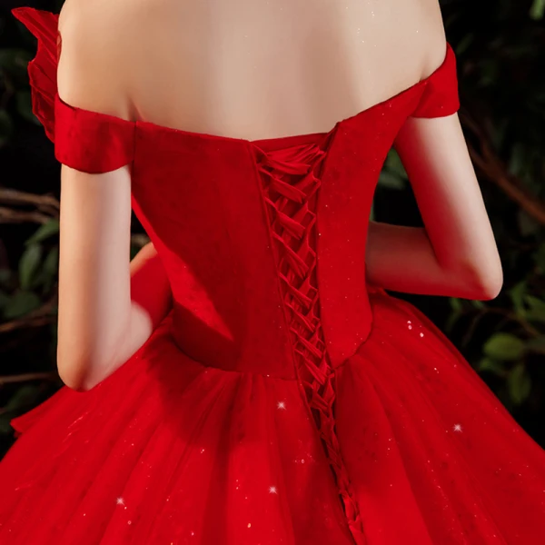 Charming Red Bridal Wedding Dresses 2021 Ball Gown Off-The-Shoulder Short Sleeve Backless Beading Glitter Tulle Cathedral Train Ruffle