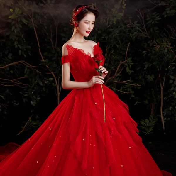 Charming Red Bridal Wedding Dresses 2021 Ball Gown Off-The-Shoulder Short Sleeve Backless Beading Glitter Tulle Cathedral Train Ruffle