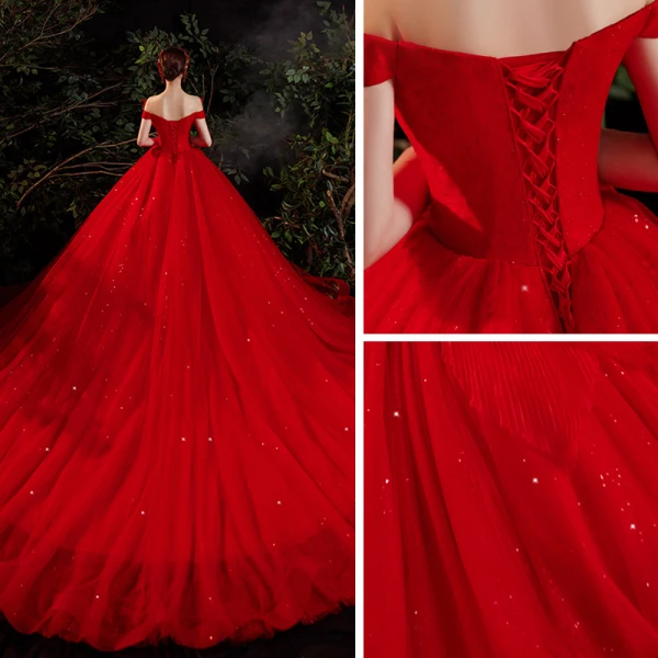 Charming Red Bridal Wedding Dresses 2021 Ball Gown Off-The-Shoulder Short Sleeve Backless Beading Glitter Tulle Cathedral Train Ruffle