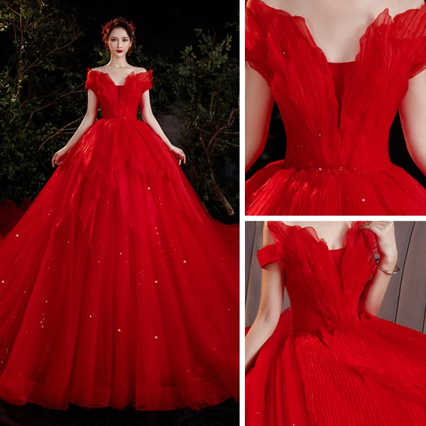 Charming Red Bridal Wedding Dresses 2021 Ball Gown Off-The-Shoulder Short Sleeve Backless Beading Glitter Tulle Cathedral Train Ruffle