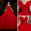 Charming Red Bridal Wedding Dresses 2021 Ball Gown Off-The-Shoulder Short Sleeve Backless Beading Glitter Tulle Cathedral Train Ruffle