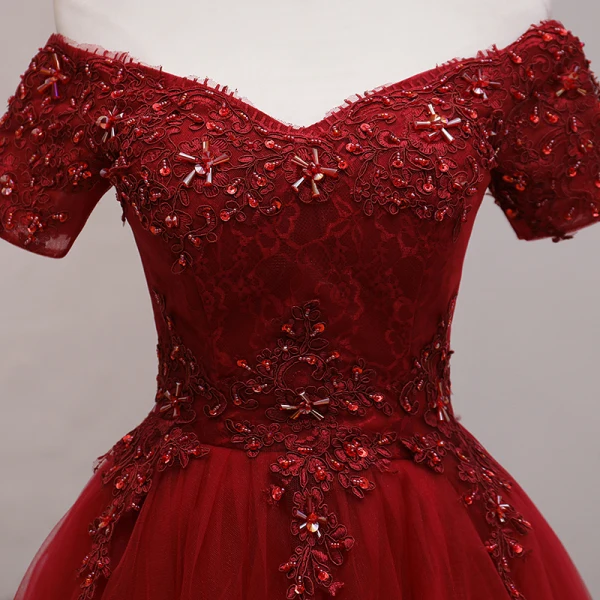 Fashion Burgundy Party Dresses 2021 A-Line / Princess Off-The-Shoulder Short Sleeve Beading Knee-Length Ruffle Backless Formal Dresses
