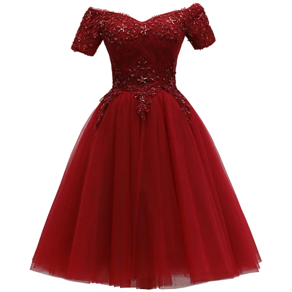 Fashion Burgundy Party Dresses 2021 A-Line / Princess Off-The-Shoulder Short Sleeve Beading Knee-Length Ruffle Backless Formal Dresses