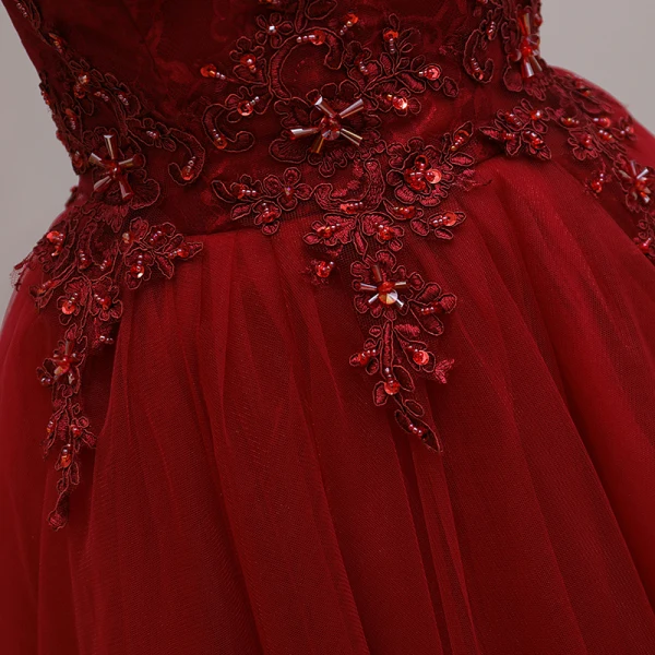 Fashion Burgundy Party Dresses 2021 A-Line / Princess Off-The-Shoulder Short Sleeve Beading Knee-Length Ruffle Backless Formal Dresses