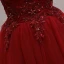 Fashion Burgundy Party Dresses 2021 A-Line / Princess Off-The-Shoulder Short Sleeve Beading Knee-Length Ruffle Backless Formal Dresses