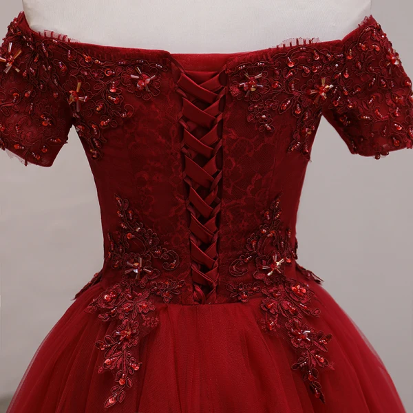 Fashion Burgundy Party Dresses 2021 A-Line / Princess Off-The-Shoulder Short Sleeve Beading Knee-Length Ruffle Backless Formal Dresses