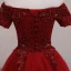 Fashion Burgundy Party Dresses 2021 A-Line / Princess Off-The-Shoulder Short Sleeve Beading Knee-Length Ruffle Backless Formal Dresses