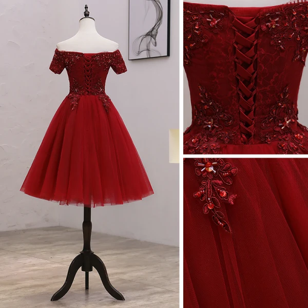 Fashion Burgundy Party Dresses 2021 A-Line / Princess Off-The-Shoulder Short Sleeve Beading Knee-Length Ruffle Backless Formal Dresses
