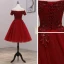 Fashion Burgundy Party Dresses 2021 A-Line / Princess Off-The-Shoulder Short Sleeve Beading Knee-Length Ruffle Backless Formal Dresses