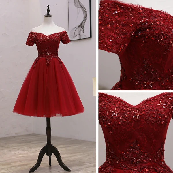 Fashion Burgundy Party Dresses 2021 A-Line / Princess Off-The-Shoulder Short Sleeve Beading Knee-Length Ruffle Backless Formal Dresses