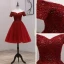 Fashion Burgundy Party Dresses 2021 A-Line / Princess Off-The-Shoulder Short Sleeve Beading Knee-Length Ruffle Backless Formal Dresses