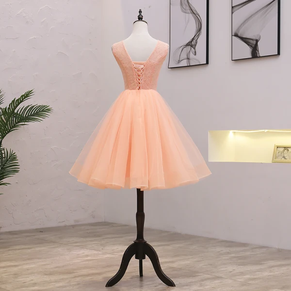 Abordable Orange Robe De Fete 2021 Princesse Encolure Dégagée Sans Manches Appliques En Dentelle Perlage Perle Courte Volants Dos Nu Robe De Ceremonie