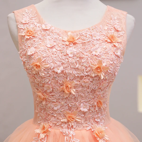 Abordable Orange Robe De Fete 2021 Princesse Encolure Dégagée Sans Manches Appliques En Dentelle Perlage Perle Courte Volants Dos Nu Robe De Ceremonie