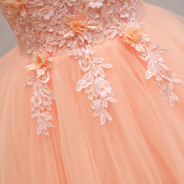 Abordable Orange Robe De Fete 2021 Princesse Encolure Dégagée Sans Manches Appliques En Dentelle Perlage Perle Courte Volants Dos Nu Robe De Ceremonie