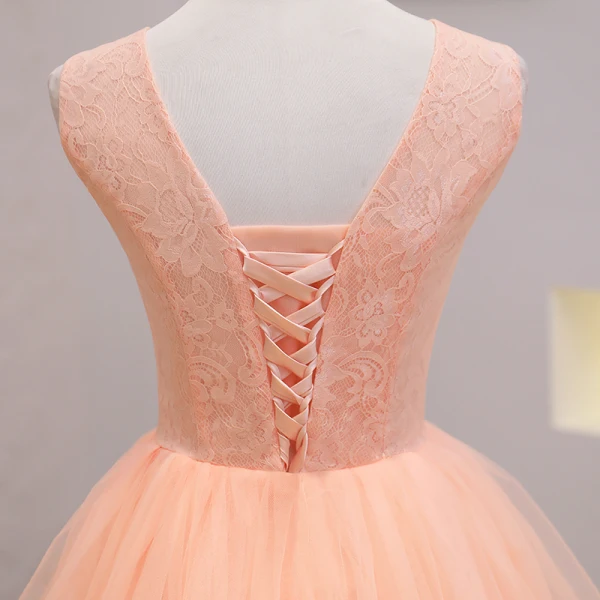Abordable Orange Robe De Fete 2021 Princesse Encolure Dégagée Sans Manches Appliques En Dentelle Perlage Perle Courte Volants Dos Nu Robe De Ceremonie