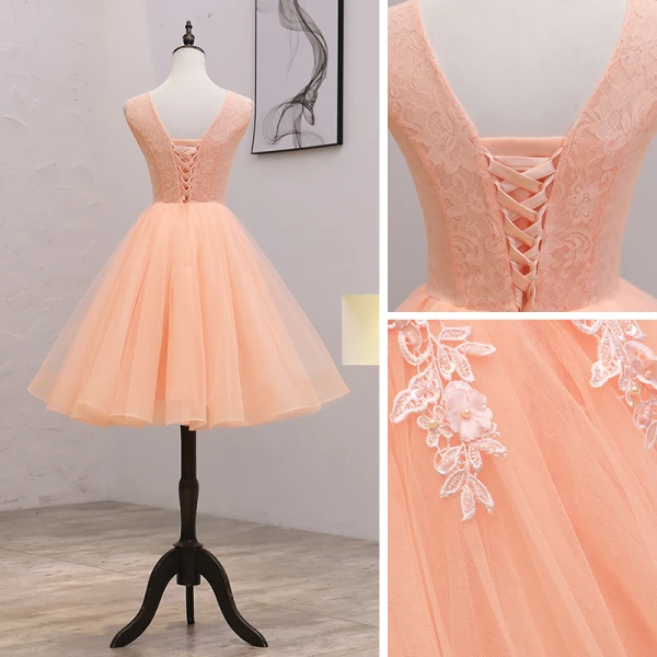 Abordable Orange Robe De Fete 2021 Princesse Encolure Dégagée Sans Manches Appliques En Dentelle Perlage Perle Courte Volants Dos Nu Robe De Ceremonie
