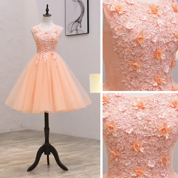 Abordable Orange Robe De Fete 2021 Princesse Encolure Dégagée Sans Manches Appliques En Dentelle Perlage Perle Courte Volants Dos Nu Robe De Ceremonie