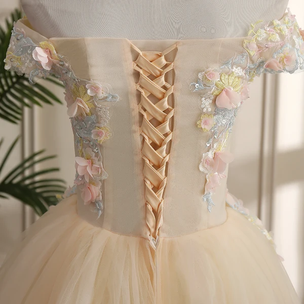 Elegant Champagne Dancing Prom Dresses 2021 Ball Gown Off-The-Shoulder Short Sleeve Appliques Lace Beading Sequins Floor-Length / Long Ruffle Backless Formal Dresses
