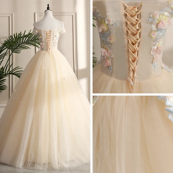 Elegant Champagne Dancing Prom Dresses 2021 Ball Gown Off-The-Shoulder Short Sleeve Appliques Lace Beading Sequins Floor-Length / Long Ruffle Backless Formal Dresses