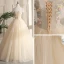 Elegant Champagne Dancing Prom Dresses 2021 Ball Gown Off-The-Shoulder Short Sleeve Appliques Lace Beading Sequins Floor-Length / Long Ruffle Backless Formal Dresses