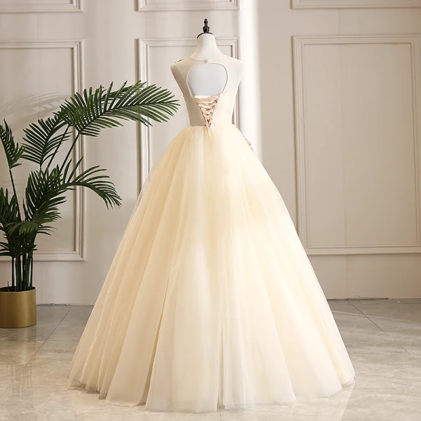 Elegant Champagne Dancing Prom Dresses 2021 Ball Gown Scoop Neck Sleeveless Appliques Lace Beading Pearl Rhinestone Floor-Length / Long Ruffle Backless Formal Dresses