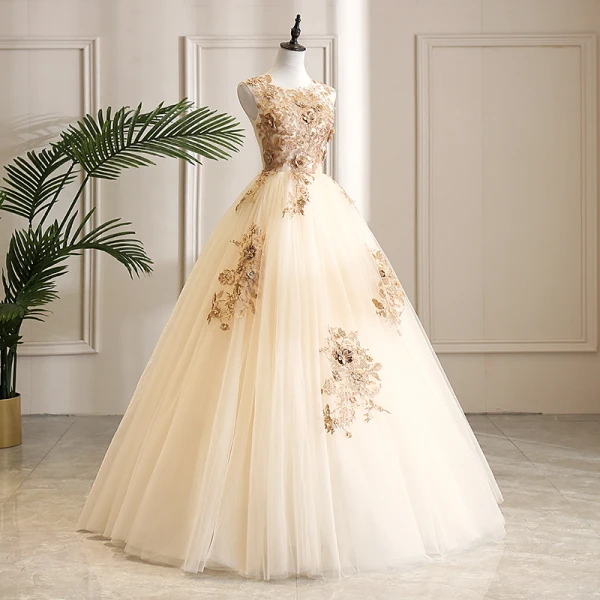 Elegant Champagne Dancing Prom Dresses 2021 Ball Gown Scoop Neck Sleeveless Appliques Lace Beading Pearl Rhinestone Floor-Length / Long Ruffle Backless Formal Dresses