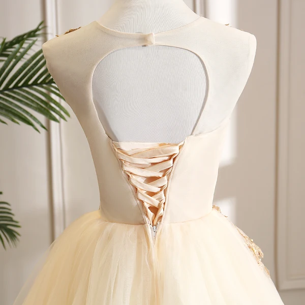 Elegant Champagne Dancing Prom Dresses 2021 Ball Gown Scoop Neck Sleeveless Appliques Lace Beading Pearl Rhinestone Floor-Length / Long Ruffle Backless Formal Dresses