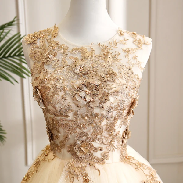 Elegant Champagne Dancing Prom Dresses 2021 Ball Gown Scoop Neck Sleeveless Appliques Lace Beading Pearl Rhinestone Floor-Length / Long Ruffle Backless Formal Dresses