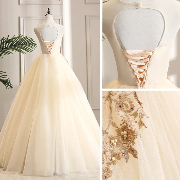 Elegant Champagne Dancing Prom Dresses 2021 Ball Gown Scoop Neck Sleeveless Appliques Lace Beading Pearl Rhinestone Floor-Length / Long Ruffle Backless Formal Dresses